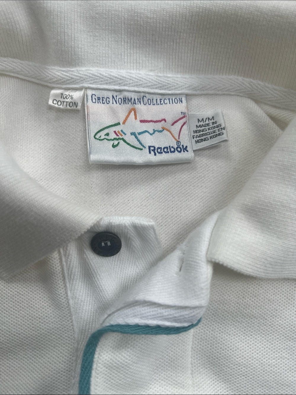 Reebok Vintage 90s Greg Norman White Polo Shirt Medium Wrap-Around Shark - Picture 2 of 8